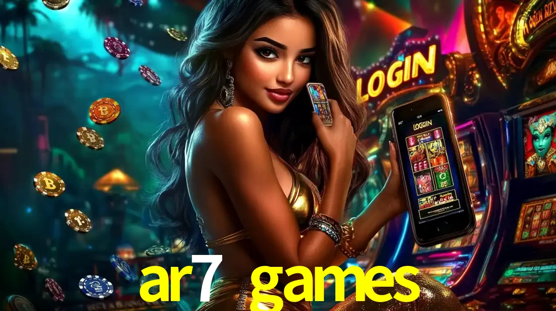 Mulher em um cenário de cassino temático de aventura, mostrando o app de caça-níqueis da ar7 games no celular. Fichas de apostas flutuam ao redor.