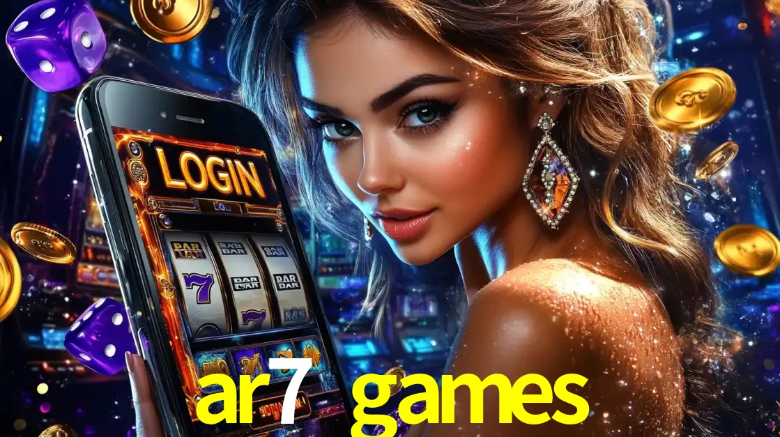 Mulher glamorosa segurando um smartphone com a tela de login para os jogos de caça-níqueis do cassino online ar7 games, com moedas de ouro e dados ao redor.