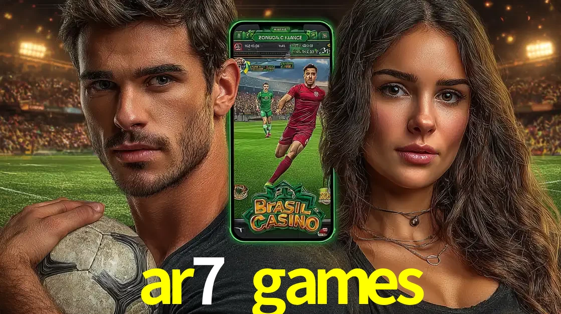 Homem segurando uma bola de futebol e uma mulher ao lado de um smartphone exibindo o jogo de apostas esportivas da ar7 games. Faça seu palpite no cassino online.
